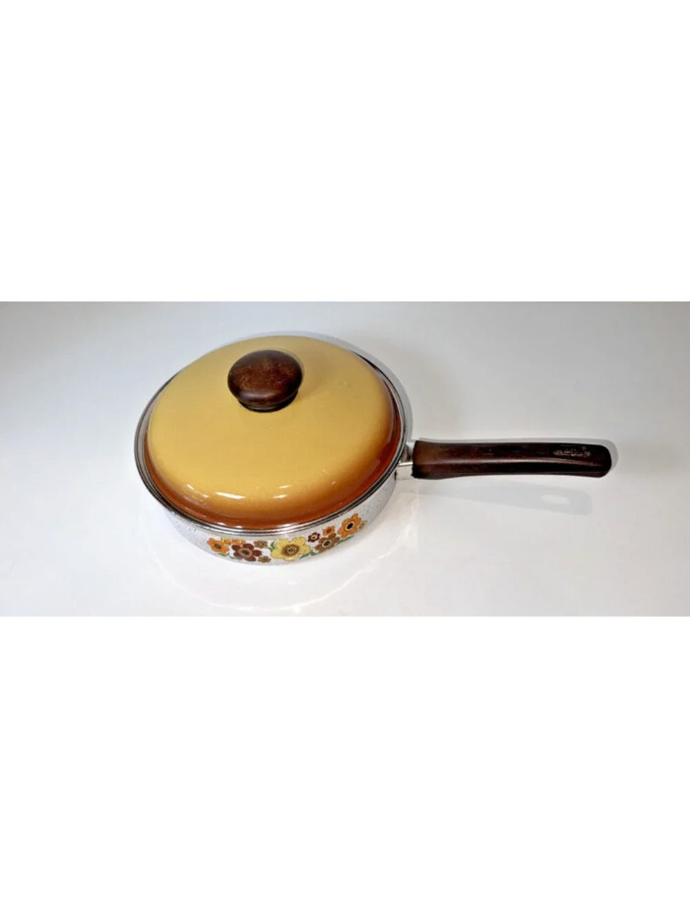 Vintage 1970's Harvest Blossom Enamel Floral Sautee Pan with Lid